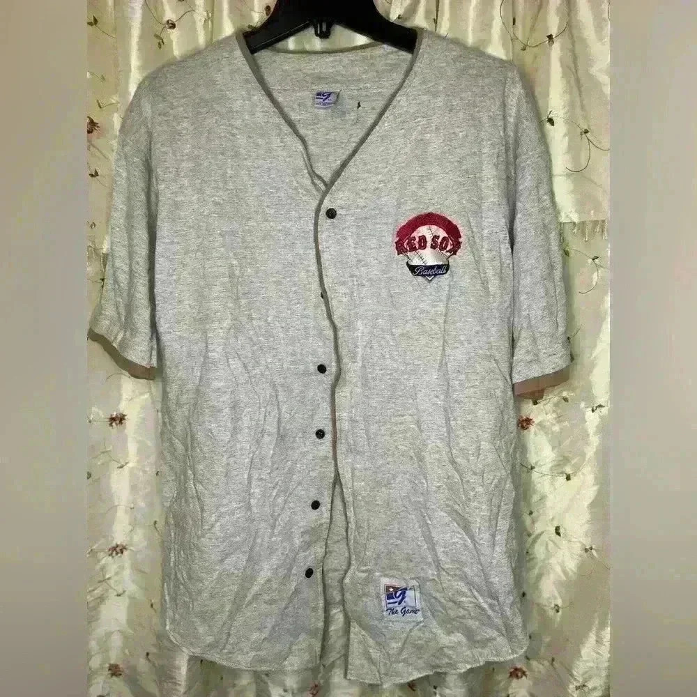 The Game Baseball Jersey Mens XL Gray Boston Red Sox‎ Embroidered Button Front